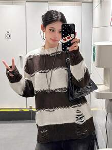 Autumn/Winter New Slouchy Color Block Striped Pullover Mid-Length Sweater Loose Round Neck Knit Top Fall - Brown - View 7