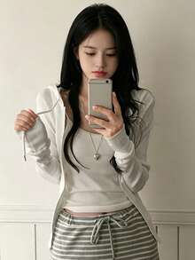 YCYC Niche Slim Fit Versatile Casual Zip-Up Hooded Sweatshirt Sweatshirt Women's Sports Short Jacket - White - View 4