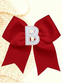 1pc Personalized A-Z Letter Bow Hair Clips For Little Girls, Red Ribbon Bow With Pearl Rhinestone Initial, Cute Daily Hairstyle Decorations - Red - View 4