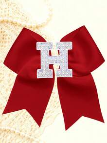 1pc Personalized A-Z Letter Bow Hair Clips For Little Girls, Red Ribbon Bow With Pearl Rhinestone Initial, Cute Daily Hairstyle Decorations - Red - View 24