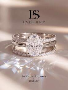 ESBERRY 3件組高亮澤立方鋯石橢圓裝飾女款婚戒，情人節/訂婚禮物 - 鑲鑽四爪三套戒 - 查看 1