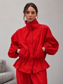 Women's Red Polyester Stand Collar Long Sleeve Jacket With Ruffle And Pocket Details, Non-Stretch Regular Fit - Red - View 1