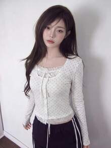 Lace Trim Polka Dot Long Sleeve 2 In 1 T-Shirt - White - View 1