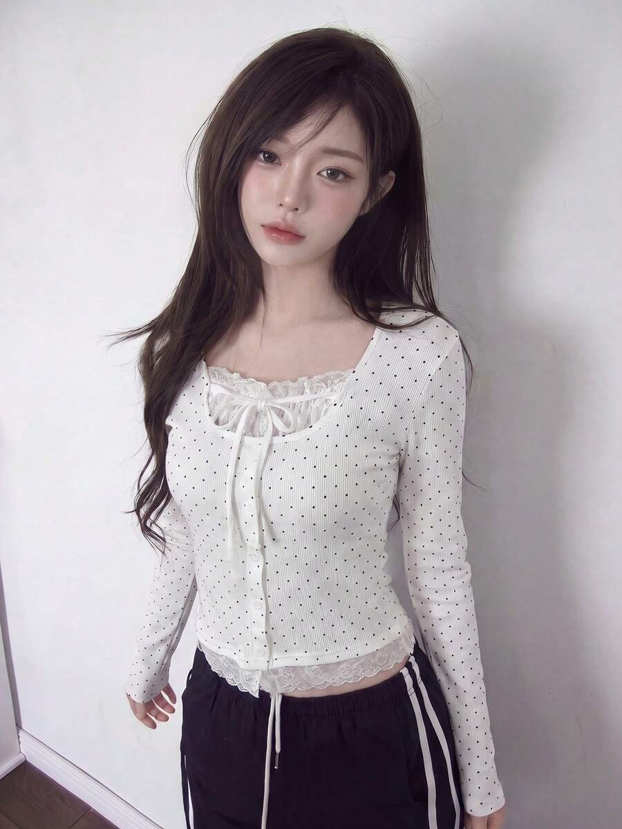 Lace Trim Polka Dot Long Sleeve 2 In 1 T-Shirt - White - View 1