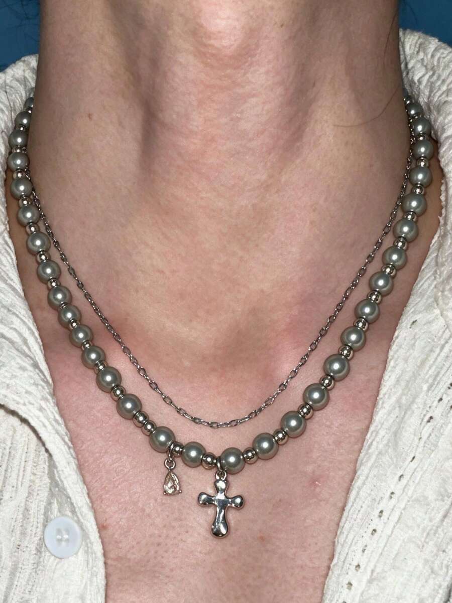rundraw 1pc Women's Necklace, Silver Metal, Faux Pearl Cross Geometric Asymmetrical Shape Inlaid CZ, Punk Style Multi-Layer Necklace Suitable For Daily Commute Wear - Silver - View 1