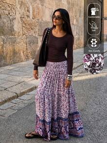 EARO Elegant Women's Plus Size Long Ditsy Floral Skirt, Non-Stretch Fabric, Flowy Fashionable Print, Suitable For Casual Daily Wear - Purple - View 2