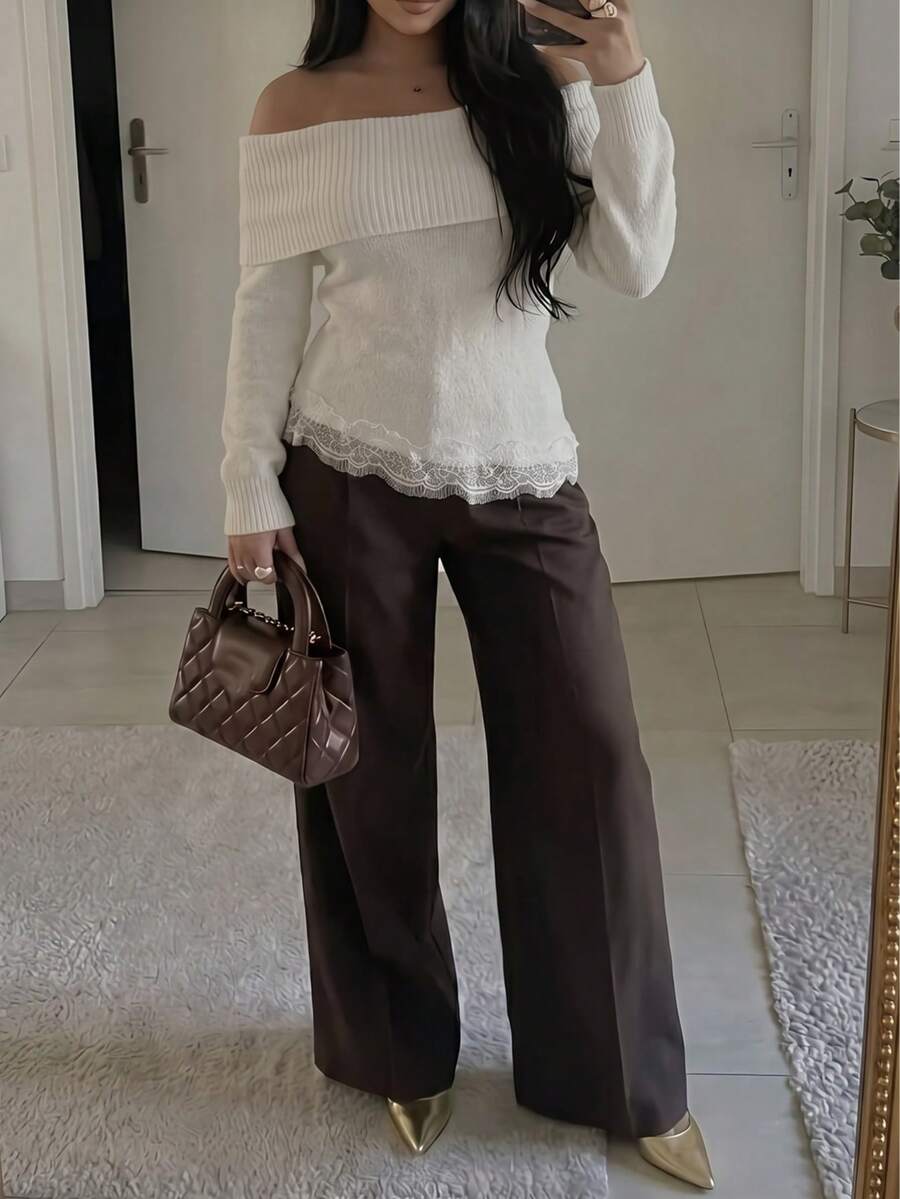 Women Casual Cute Lace Trim Cold Shoulder Knitted Sweater Top Pullover Fall Winter Going Out Outfits Clothes - White - View 1
