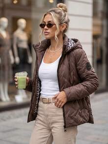Women's Quilted Hooded Jacket With Detachable Hood, Zip Front And Side Pockets - Brown - View 3