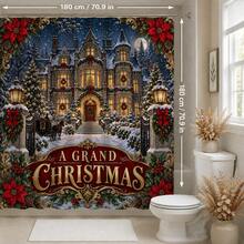 Set Dekorasi Kamar Mandi Natal Motif Kastil dan Pemandangan Salju Multifungsi 1pc/4pcs, Tirai Shower dengan Gratis 12 Kait, Keset Lantai U-Shaped dan Penutup Dudukan Toilet Bulat, Atmosfer Liburan Premium, Cocok untuk Semua Dekorasi Ruangan - Kastil Natal di tengah salju - View 13