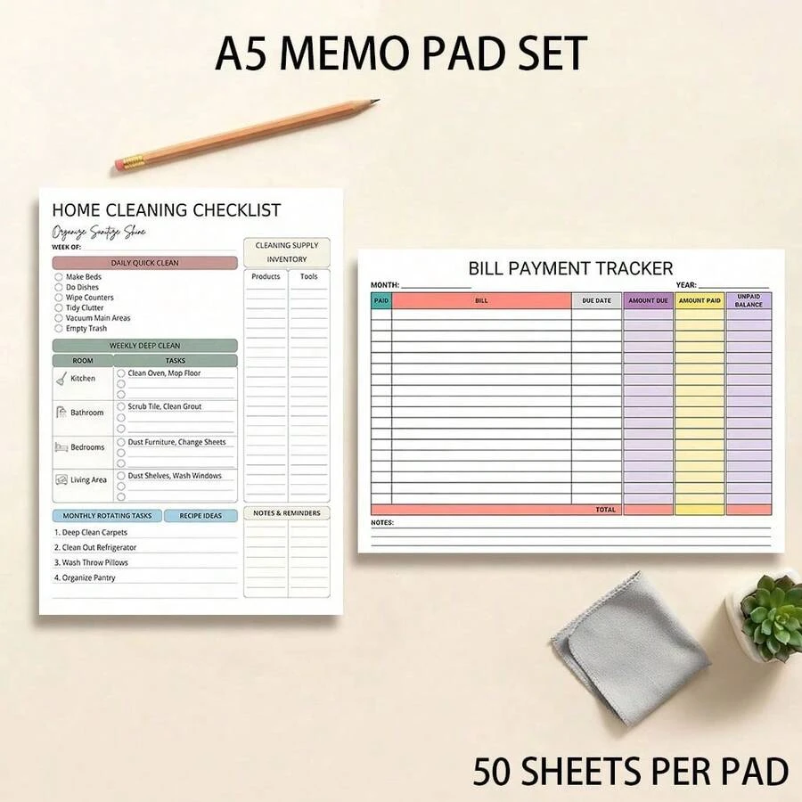 A5 Notepad Set, Home Cleaning Checklist & Bill Payment Tracker, 50 Sheets Per Pad, Single-Sided Planning Pages, Suitable For Home Organization, Cleaning Tasks, Bill Tracking, Budget Planning And Daily Notes