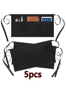 Celemek Pelayan 3/1pc dengan 3 Saku, Celemek Pinggang Pendek Tahan Minyak & Air untuk Pelayan Wanita - Hitam - Hitam - View 15