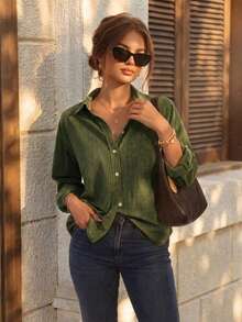 Women's Green Fine Striped Button Front Shirt Collar Top, Long Sleeve Regular Fit Polyester Blouse, Suitable For Autumn Commute - Olive Green - View 1
