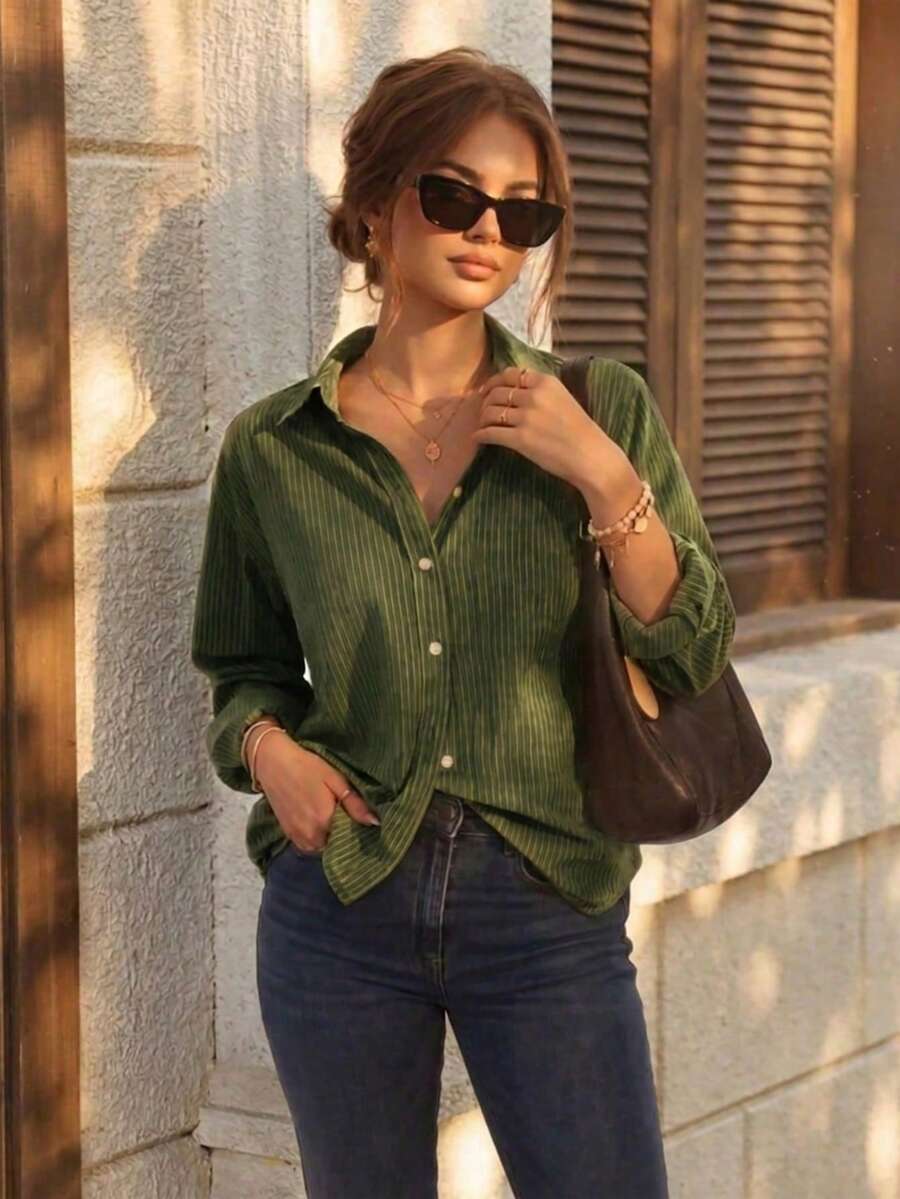 Women's Green Fine Striped Button Front Shirt Collar Top, Long Sleeve Regular Fit Polyester Blouse, Suitable For Autumn Commute - Olive Green - View 1
