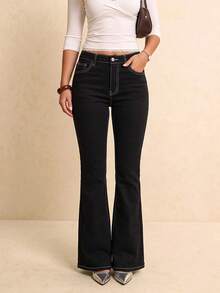 Minimalist Personalized Cross-Over Best-Selling Solid Color Women's Slim Fit Flare Jeans - Black - View 2