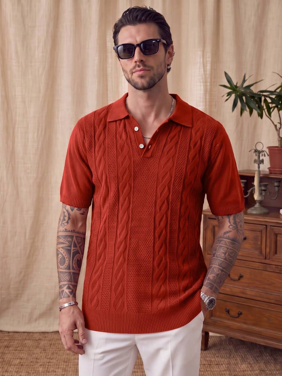 Men's Spring/Summer Neutral Knit Polo Collar Top, Cable Texture Slim Fit Casual Business Commute Short Sleeve Pullover T-Shirt - Red - View 1
