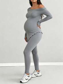 Parara Maternity 2 Pieces Casual Set, One-Shoulder Long Sleeve Ruched Top With Fitted Leggings, High Elastic Ribbed Knit Slim Fit Loungewear - Grey - View 10