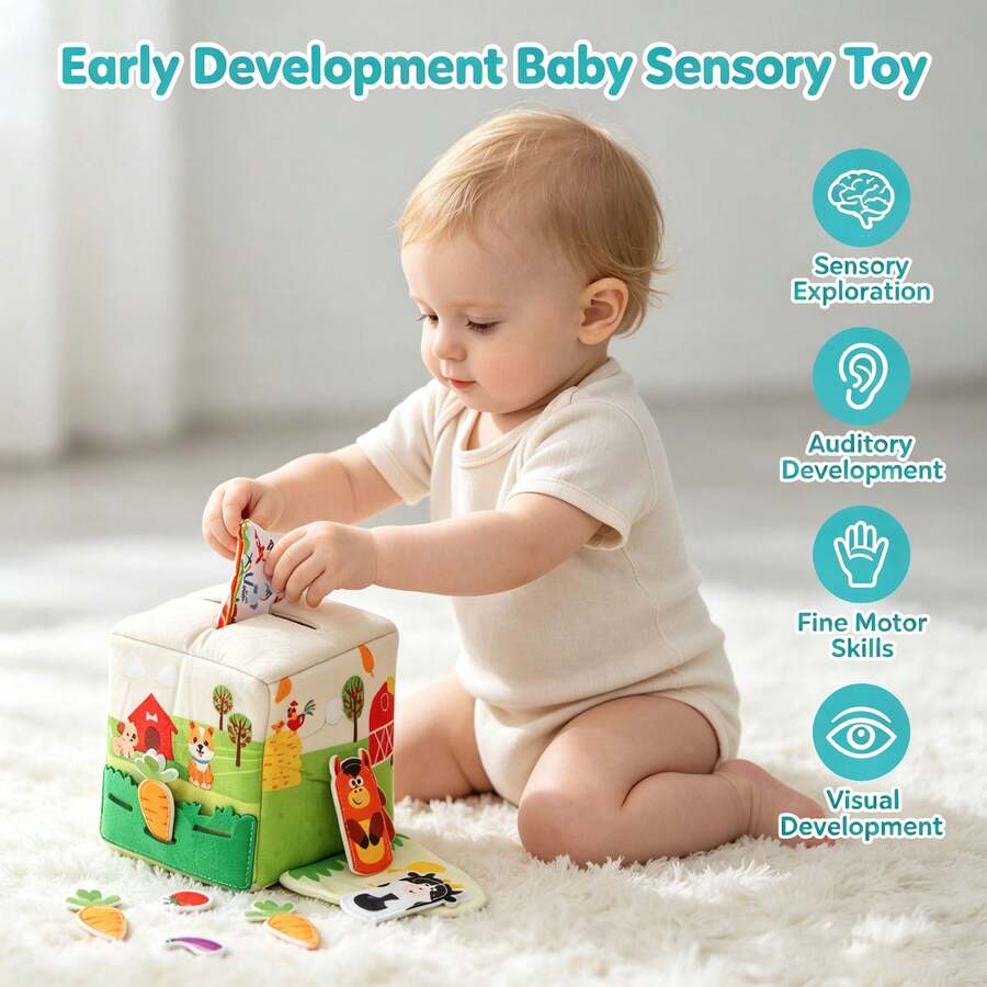 Mainan Tarik Rumah Kain Berbentuk Hewan Ternak, Kotak Aktivitas Edukasi Dini untuk Bayi dan Balita, Mainan Kain Edukatif untuk Melatih Keterampilan Motorik Halus