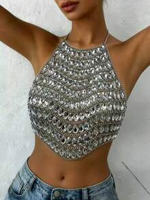 DEKUNER 1pc Y2K Style Black Faux Pearl Body Chain, Women And Girls Beach Vacation Party Accessory Body Chain - Bright Silver 292 - View 9