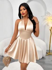 Aliling Women's Sexy Champagne Satin Halter Deep V-Neck Backless Large Bow A-Line Mini Dress, Luxury Nightclub Party Date Outfit For Autumn - Apricot - View 8