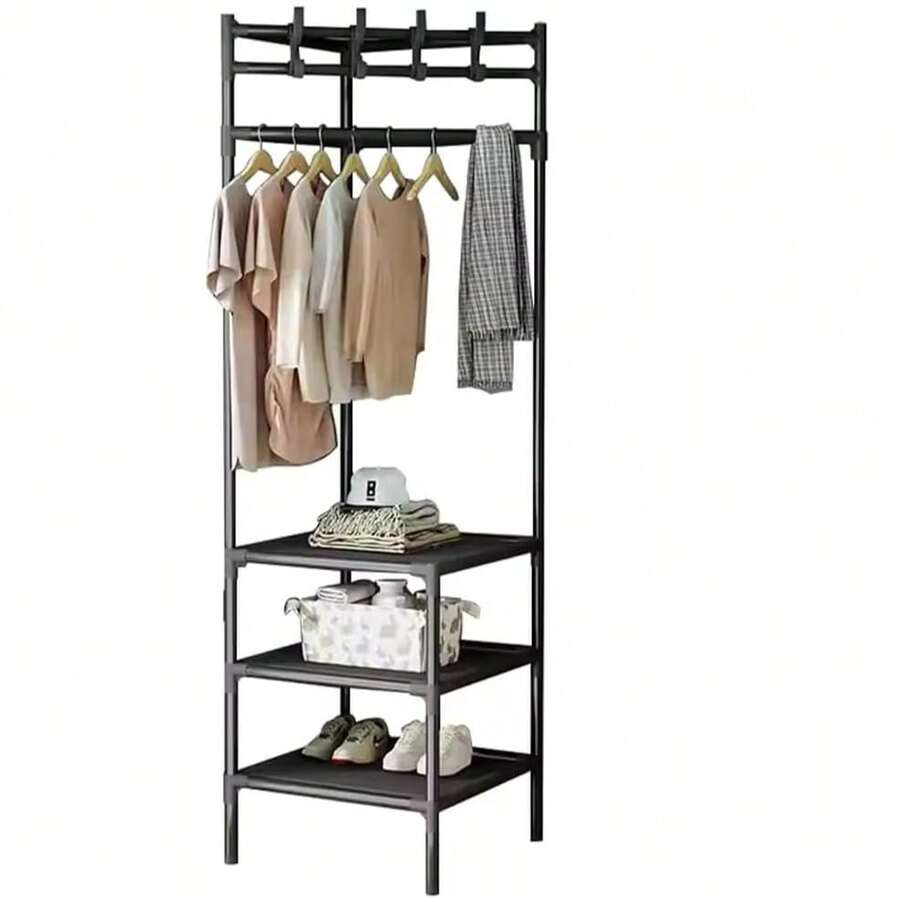 Title: Multifunctional Floor Standing Garment Rack With Shoe Storage Shelves & Top Hooks, Heavy Duty Metal Clothes Organizer & Coat Stand For Bedroom, Living Room, And Entryway - View 1