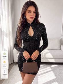 Women's Fashion Elegant Minimalist Polka Dot Lace Patchwork Cheongsam Collar Frog Button Design Slim Fit Short Dress - Black - View 3