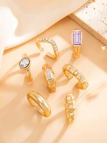 Gold Rhinestone Multi-Piece Stackable Rings, Vintage Rectangular Crystal Mixed Style Women's Exaggerated Knuckle Rings, Daily Party Jewelry - Multicolor - View 4