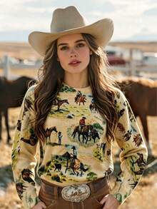 VEXHEIMA Western-Style Women's Fashionable Retro-Print Denim-Patterned Color-Blocked Animal And Geometric Print Round-Neck Long-Sleeve Casual Sweater - Multicolor - View 2