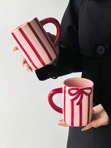1pc Red Striped Ceramic Mug, Modern Minimalist Ins Style Creative Vertical Stripe & Bow Design Large Capacity Breakfast Coffee Cup, Home Breakfast Milk Cup, Suitable For Christmas, Saudi National Day, Gift For Classmates/Friends - Multicolor - View 5