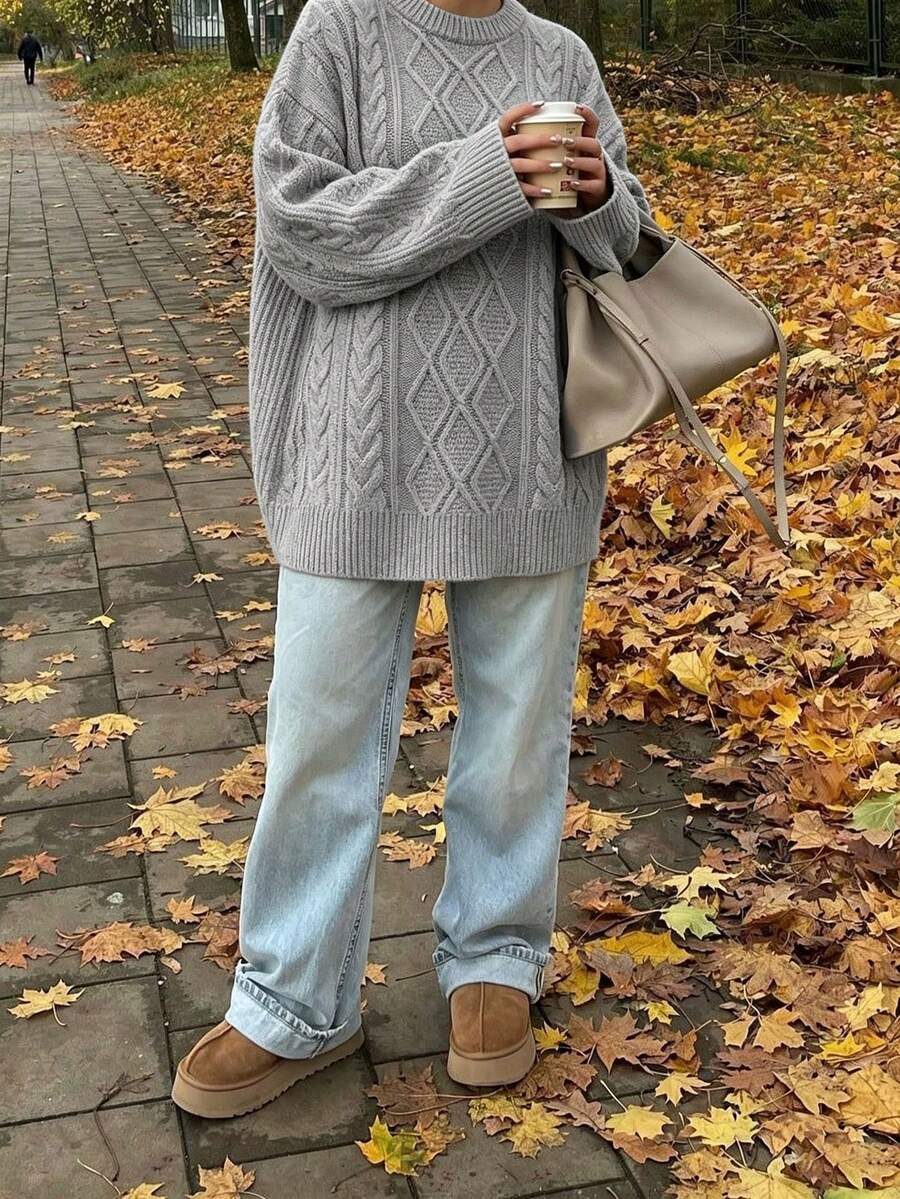 Women's Autumn/Winter Round Neck Solid Color Cable Knit Loose Fit Versatile Pullover Sweater - Grey - View 1