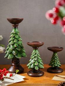 1pc Christmas Tree Candle Holder, Resin Holiday Candle Stand, Vintage Green & Brown Christmas Flat - B - View 6
