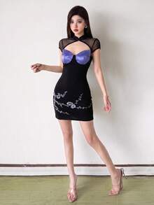 Top Dazzle Women's Stand Collar Sheer Mesh Hollow Out Mini Dress, Elegant Cheongsam Style Knit Sleeveless Party Dress With Floral Details - Black - View 6
