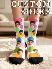 Calcetines de regalo creativos, unisex, personalizables con foto y retrato, media pantorrilla, estampado floral, salpicadura de tinta y corazón de grafiti - Blanco - Ver 3