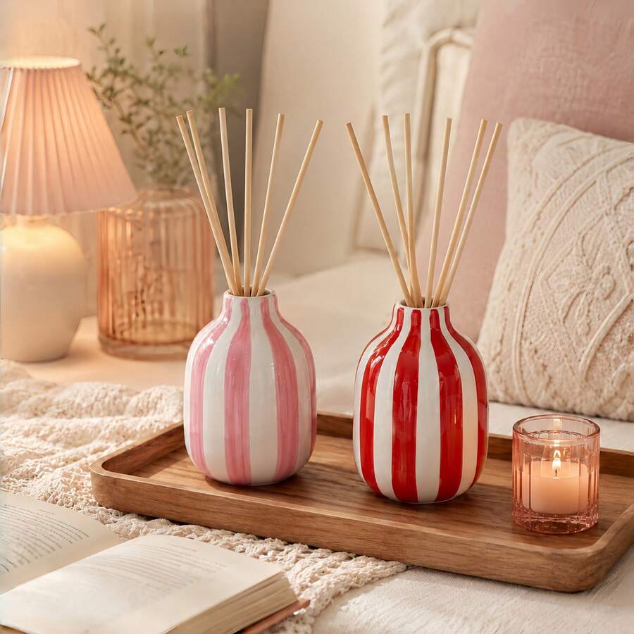 1pc Colorful Vertical Stripe Reed Diffuser Bottle, Mini Bulb Shape Aromatherapy Holder, Modern Nordic Striped Decorative Bud Vase For Bathroom Vanity Shelf Bedroom Home Decor - 1PC - View 1