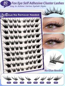 80pcs C Curl Self-Adhesive False Eyelash Clusters, Fox Eye Cartoon Style No Glue Needed Single Cluster False Eyelashes, Invisible Tape Long-Lasting Durable, No Sticky Residue Pre-Glued False Eyelashes - C - View 8