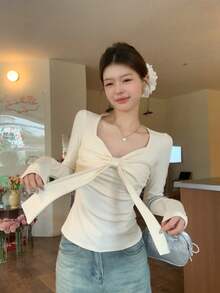 Women Bow Long Sleeve T-Shirt Spring Sexy Style Fitted Base Layer Inner Wear Slim Square Neck Top - Apricot - View 8