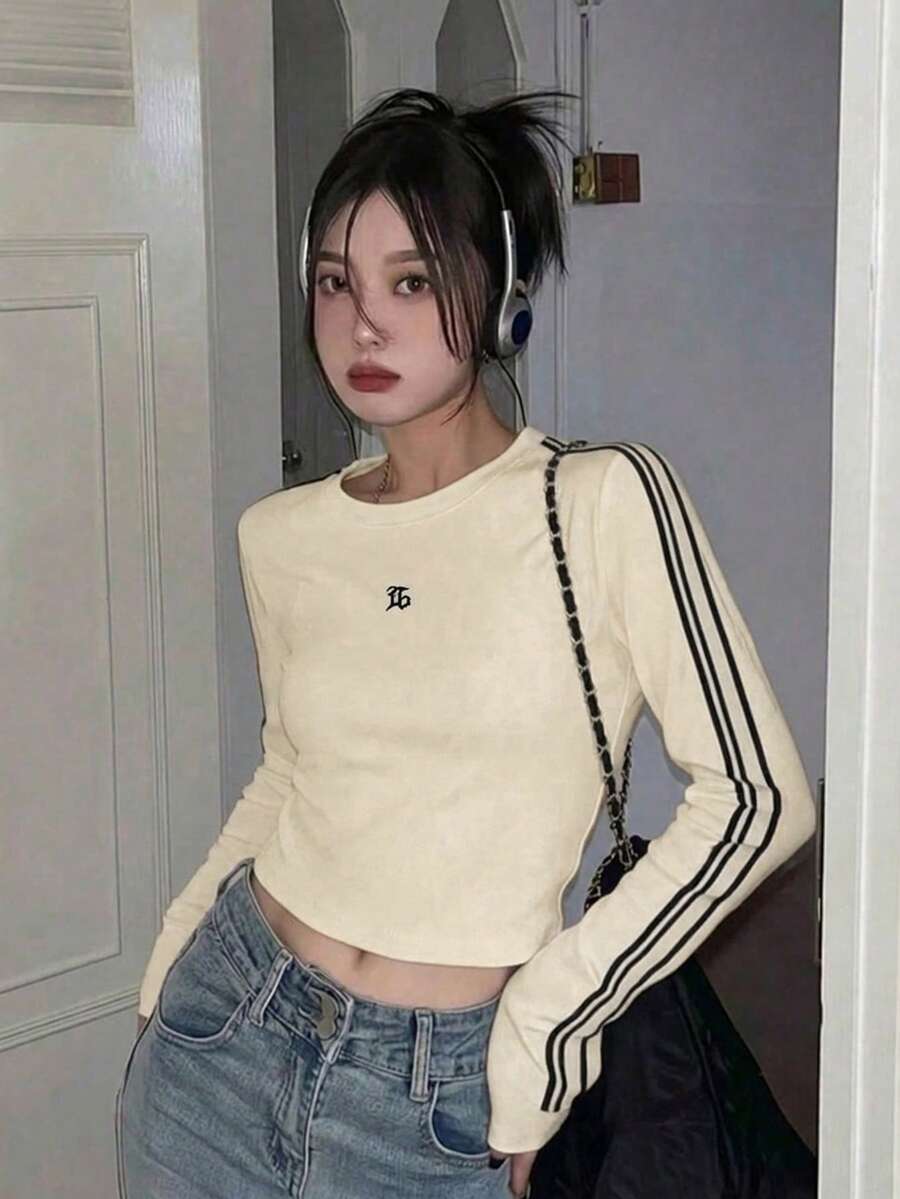 女款早秋新款條紋短版修身長袖T恤 - 杏色 - 查看 1