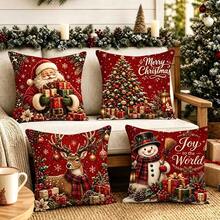 4pcs Red Background Christmas Snowman Reindeer Santa Claus Gift Christmas Tree Print Pattern Pillow Covers, Single-Sided 2D Flat Printing Process, 45x45cm (18x18in), Soft Comfortable Polyester Cushion Covers, Zipper Closure Machine Washable, Suitable For Living Room Bedroom Winter Holiday Home Decor (Pillow Covers Only, Pillow Insert Not Included) - Multicolor - View 1