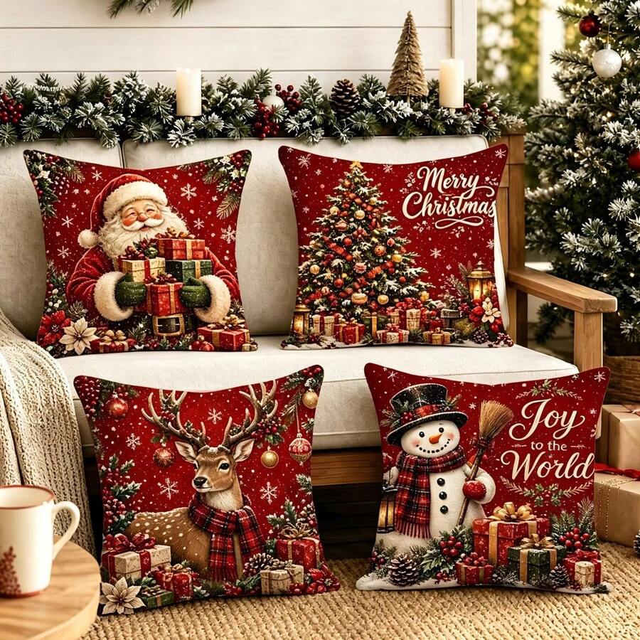 4pcs Red Background Christmas Snowman Reindeer Santa Claus Gift Christmas Tree Print Pattern Pillow Covers, Single-Sided 2D Flat Printing Process, 45x45cm (18x18in), Soft Comfortable Polyester Cushion Covers, Zipper Closure Machine Washable, Suitable For Living Room Bedroom Winter Holiday Home Decor (Pillow Covers Only, Pillow Insert Not Included) - Multicolor - View 1