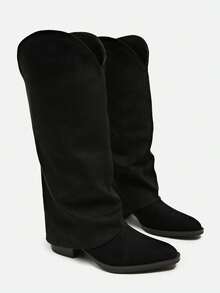 Elegant Pointed Toe Chunky Heel Matte Leather Side Zipper V-Cut Slimming Versatile Women's Tall Boots - Black - View 4