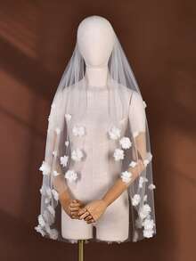 Single Tier Mid-Length Veil With 3D Pearl Flowers, Handmade Fabric Floral Bridal Wedding Veil - Multicolor - View 4