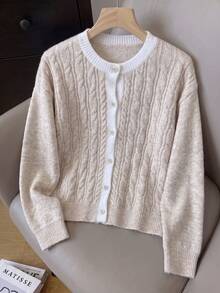 Korean Slouchy Khaki Cable Knit Cardigan, Contrast Collar Button Front Loose Sweater, Suitable For Autumn Back To School And Commute - Khaki - View 8