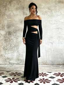 Autumn Black Off-Shoulder Hollow Out Ribbon Long Sleeve Dress Women Elegant Dress - Black - View 3