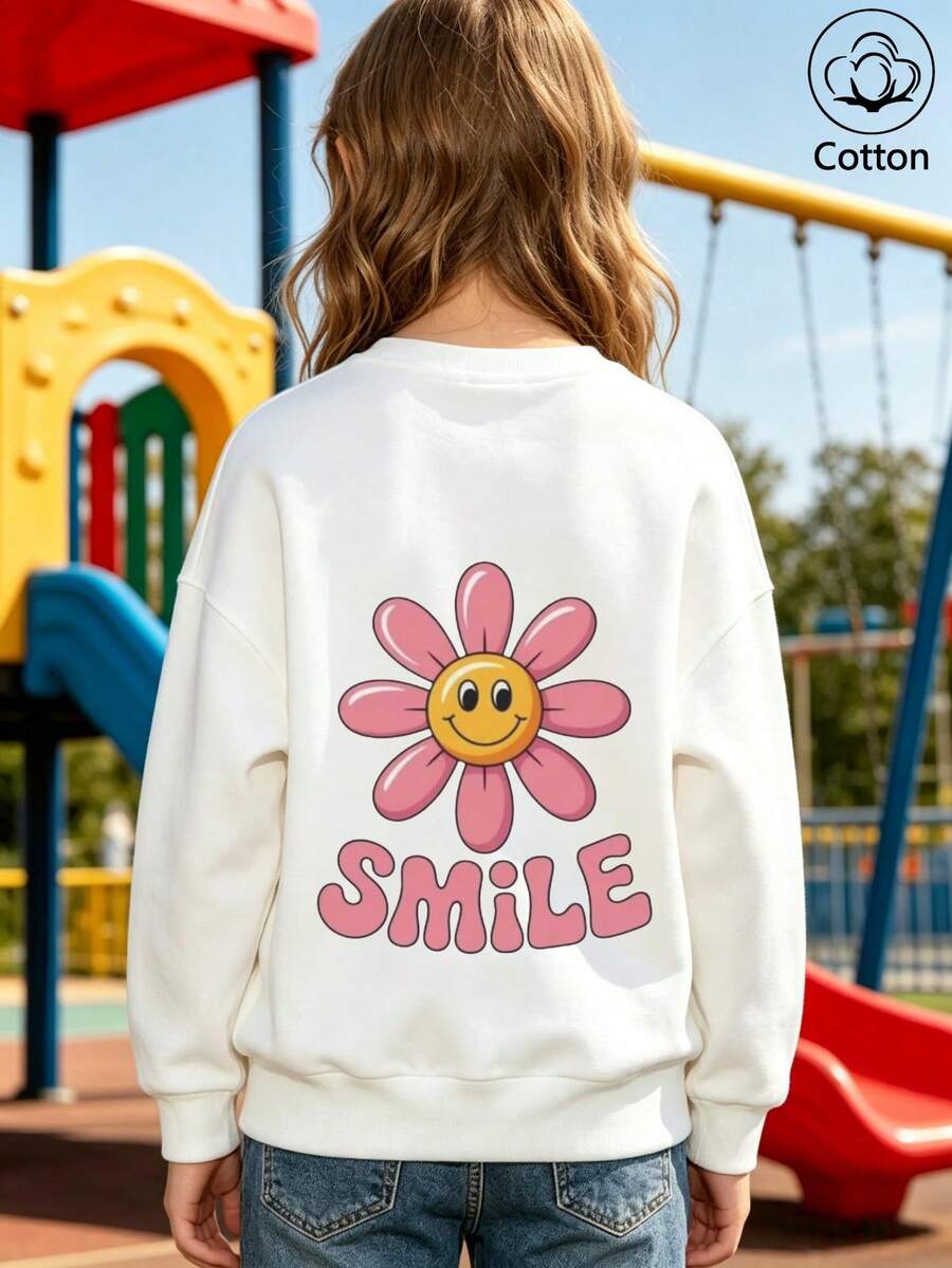 Girls' Cute Printed Drop-Shoulder Round-Neck Long-Sleeve Casual Sports Sweatshirt - White - View 1