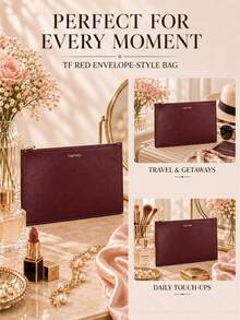 Tom Ford TF Burgundy Envelope Bag, 25*17cm, Single Piece, Lightweight And Smooth, Zipper Closure, Suitable For Travel And Daily Makeup Storage - Red - View 9