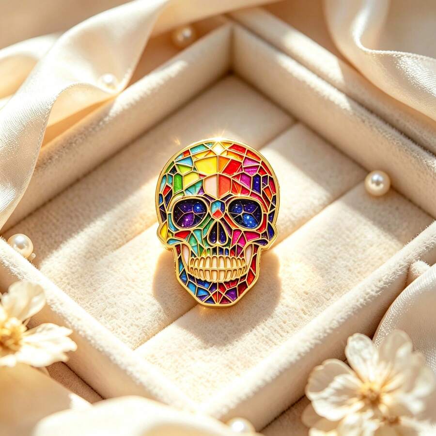 Vibrant Stained Glass Skull Enamel Pin, Colorful Rainbow Skeleton Brooch, Galaxy Eye Lapel Pin For Jacket Backpack Hat, Unique Halloween Jewelry Gift
