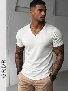 GRDR Men's Fashionable V-Neck Short Sleeve T-Shirt | Exquisite Design | Summer Essential | Easy To Match | Showcase Your Style - White - View 3