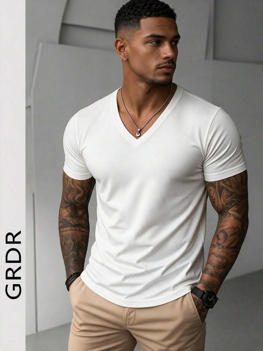 GRDR Men's Fashionable V-Neck Short Sleeve T-Shirt | Exquisite Design | Summer Essential | Easy To Match | Showcase Your Style