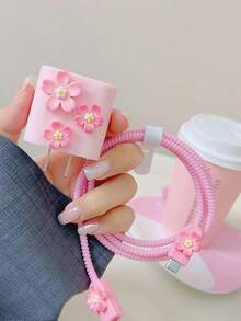 Pink Cherry Blossom Pattern Charger/Protective Case Cable Organizer, Suitable For 1.5m Charging Cable Data Cable Protector, Anti-Breakage Cable Organizer For |Phone 12/13/14 And 20w/Fast Charging Head Protective Cover, Data Cable Fixer, Anti-Breakage Data Cable, TPU Charging Head Protector - Multicolor - View 6