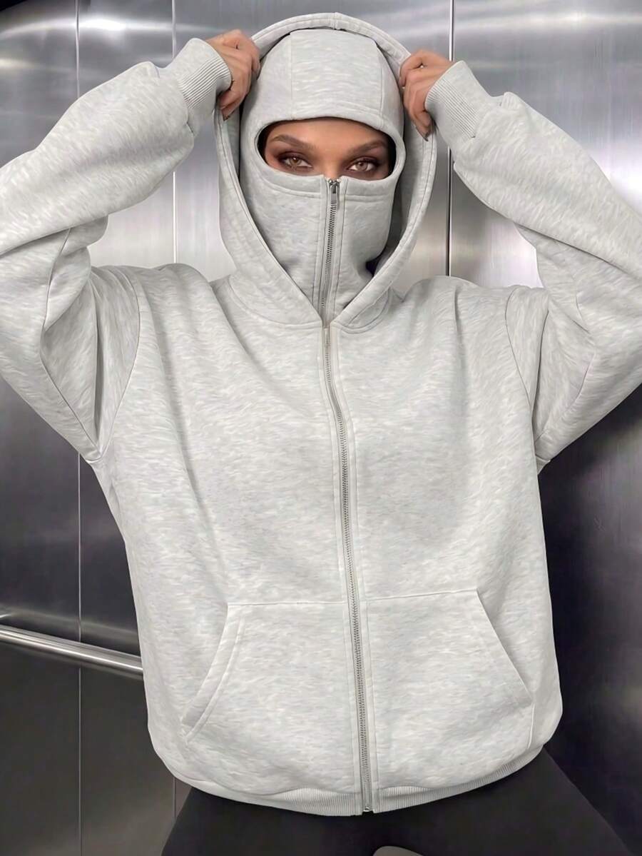 女款休閒抓絨連帽頭套拉鍊連帽衫，雙帽簷設計，拉鍊口袋，寬鬆版型，秋冬日常保暖，淺灰色