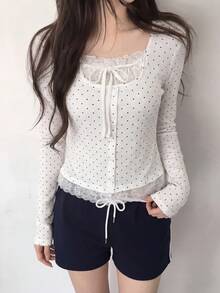 Lace Trim Polka Dot Long Sleeve 2 In 1 T-Shirt - White - View 2